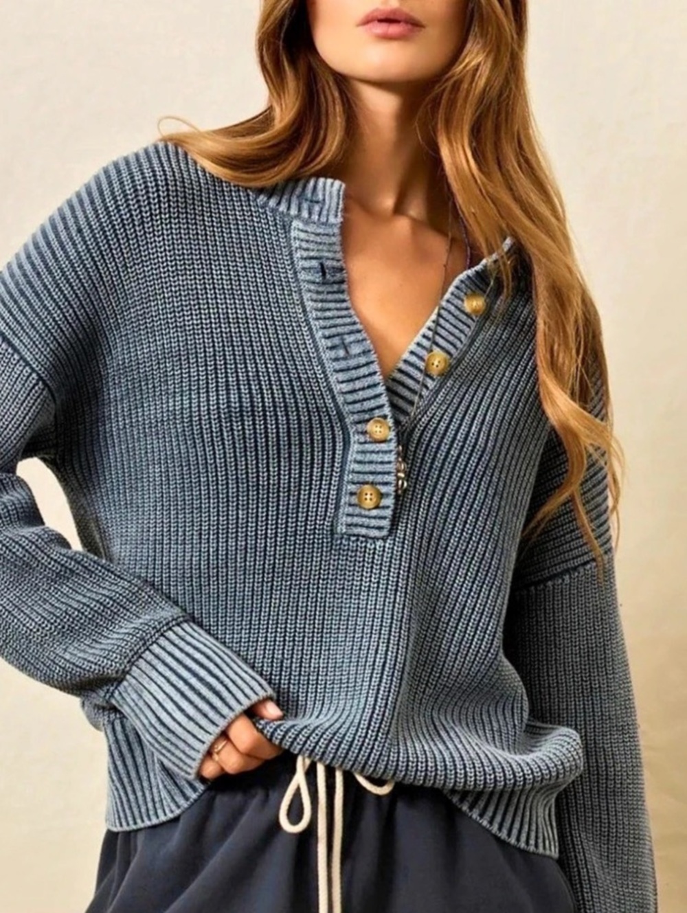 Faherty Women's Sunwashed Fisherman Henley Sweater in Blue Size M